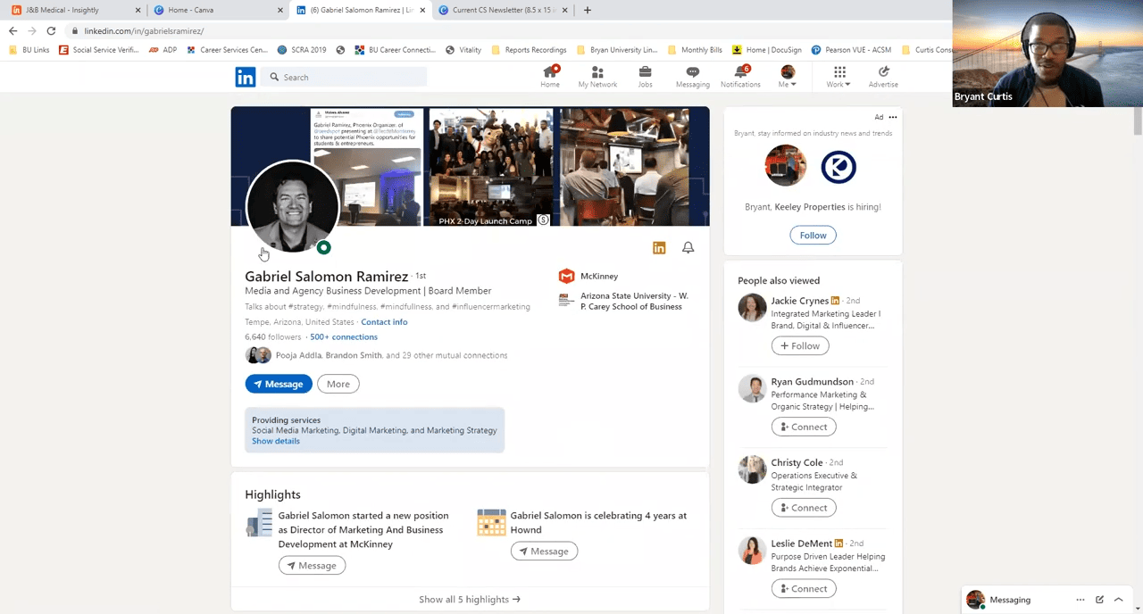 Screenshot of Brian university employee doing a tutorial about LinkedIn